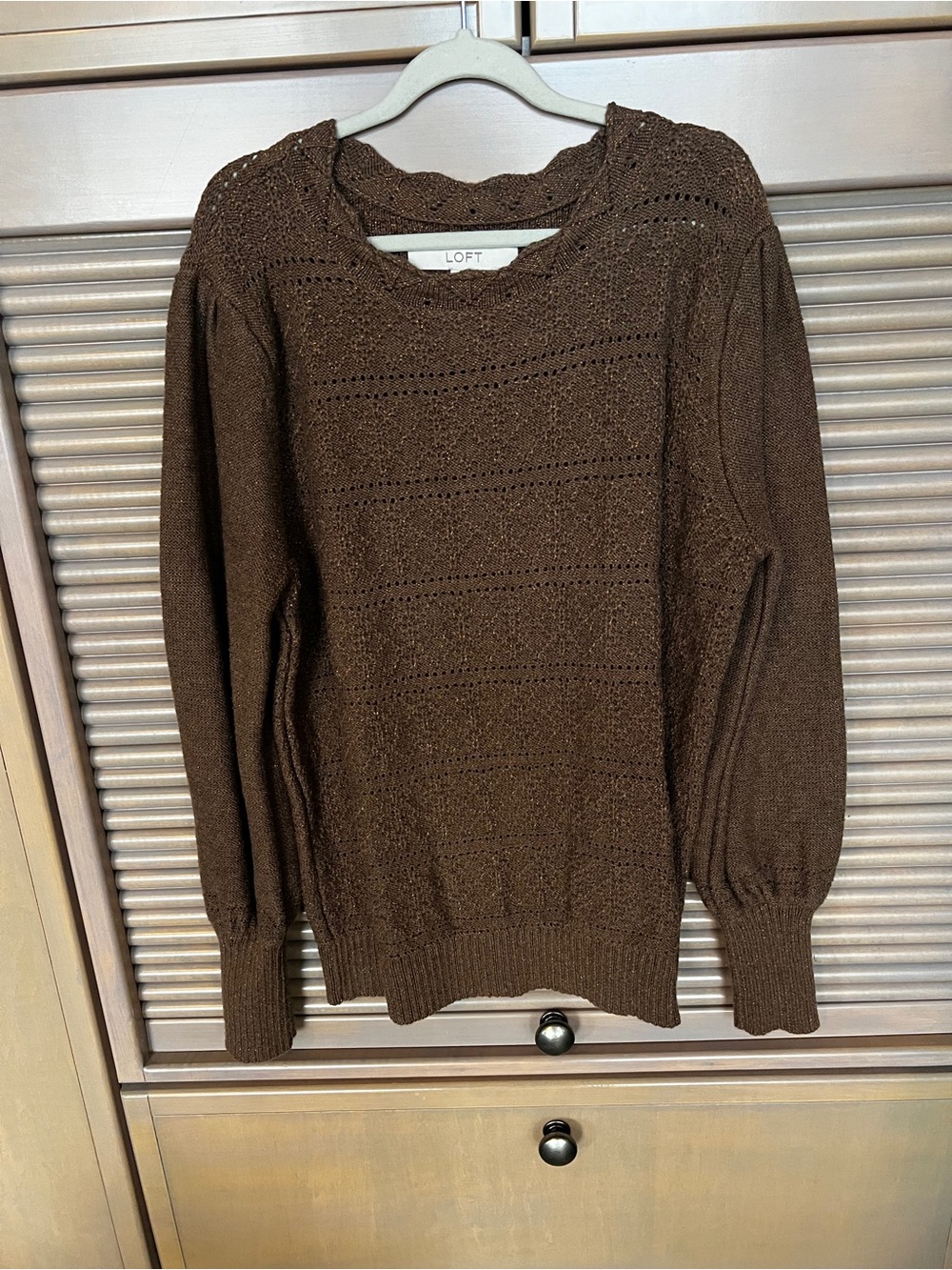 LOFT Brown Openwork Crewneck Sweater